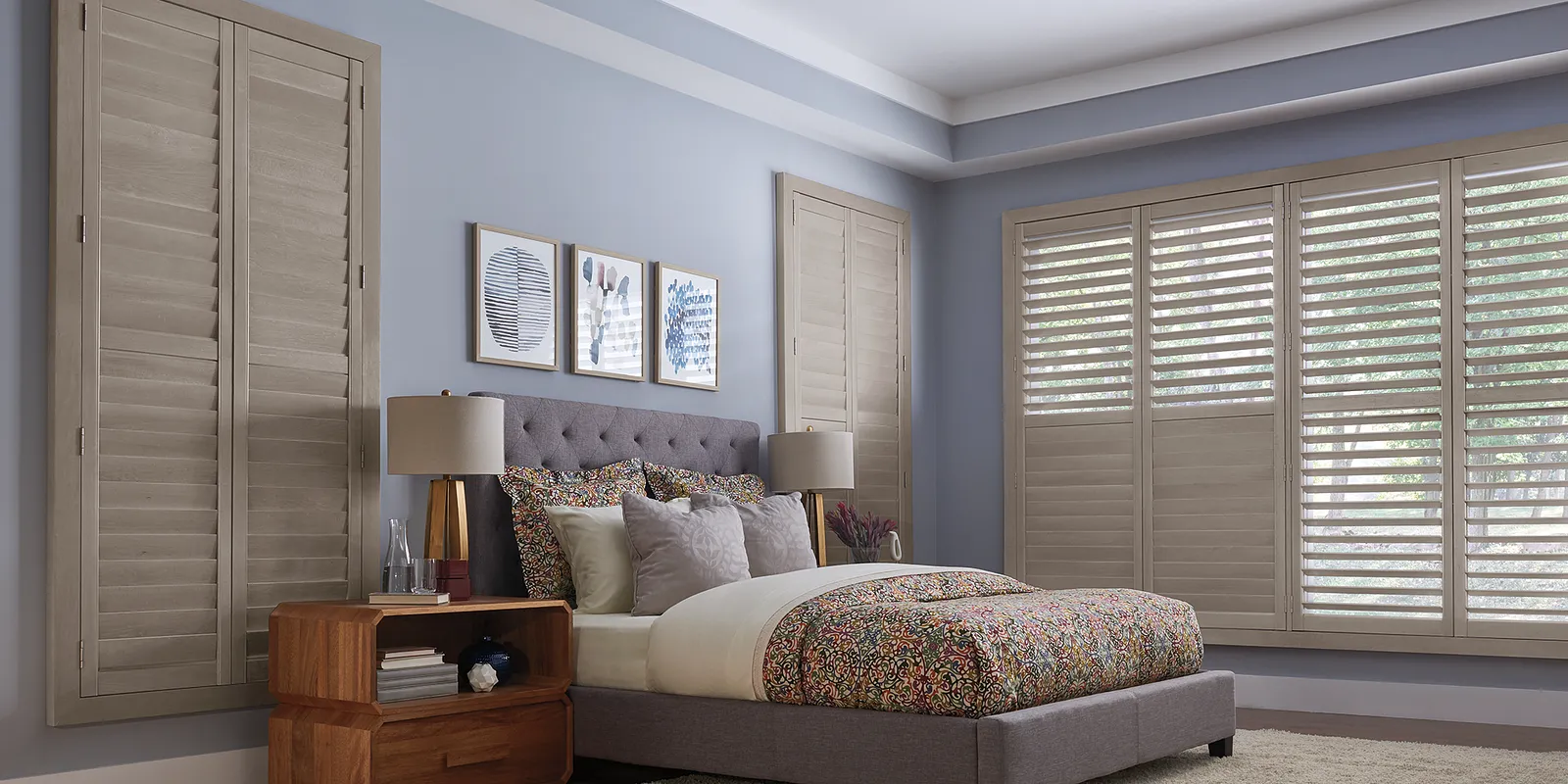 Graber wood shutters in a bright living room