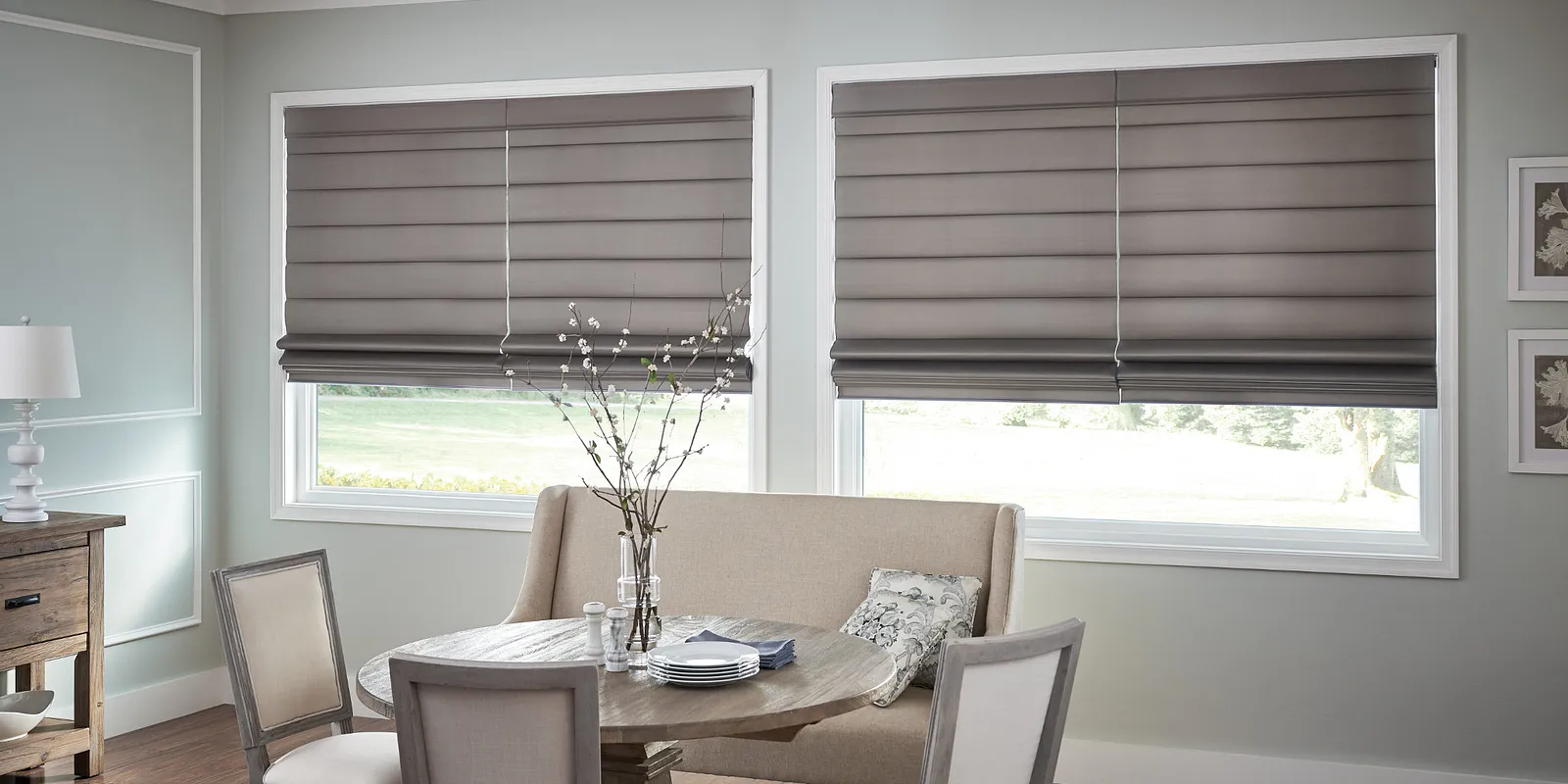 Graber Roman shades with elegant fabric folds
